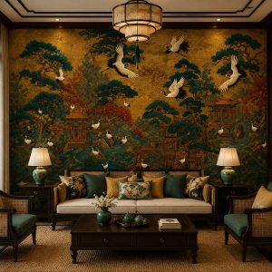 Tranh dán tường phòng khách indochine sơn thủy chim hạc cây tùng pagoda nền vàng 3d - in19820263
