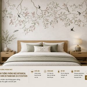 Tranh dán tường phòng ngủ botanical cành hoa chim én thanh nhã 3d 2722676185