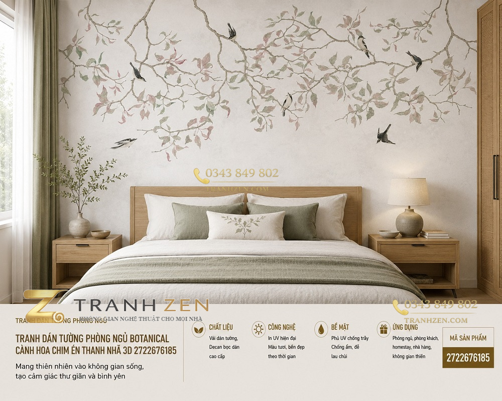 Tranh dán tường phòng ngủ botanical cành hoa chim én thanh nhã 3d 2722676185