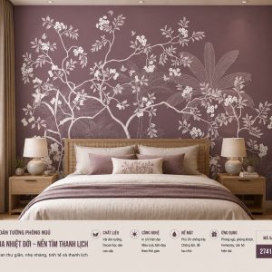 Tranh dán tường phòng ngủ cây hoa nhiệt đới nền tím thanh lịch 3d 2741481117