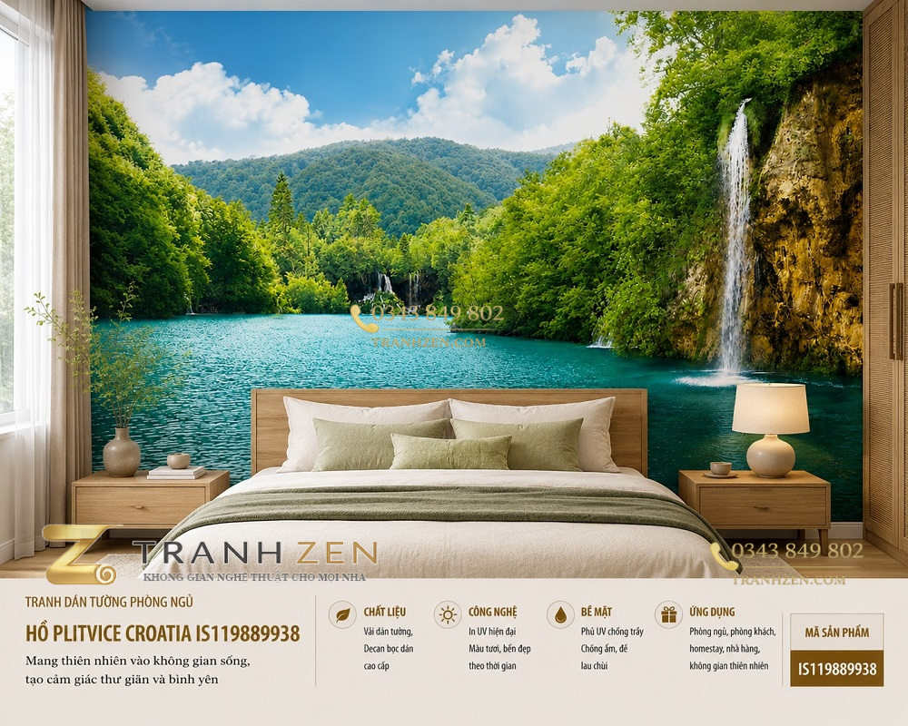 Tranh dán tường phòng ngủ hồ plitvice croatia phong cảnh thác nước thiên nhiên 3d is119889938