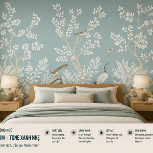 Tranh dán tường phòng ngủ hoa chim tone xanh nhẹ 3d ab756318728