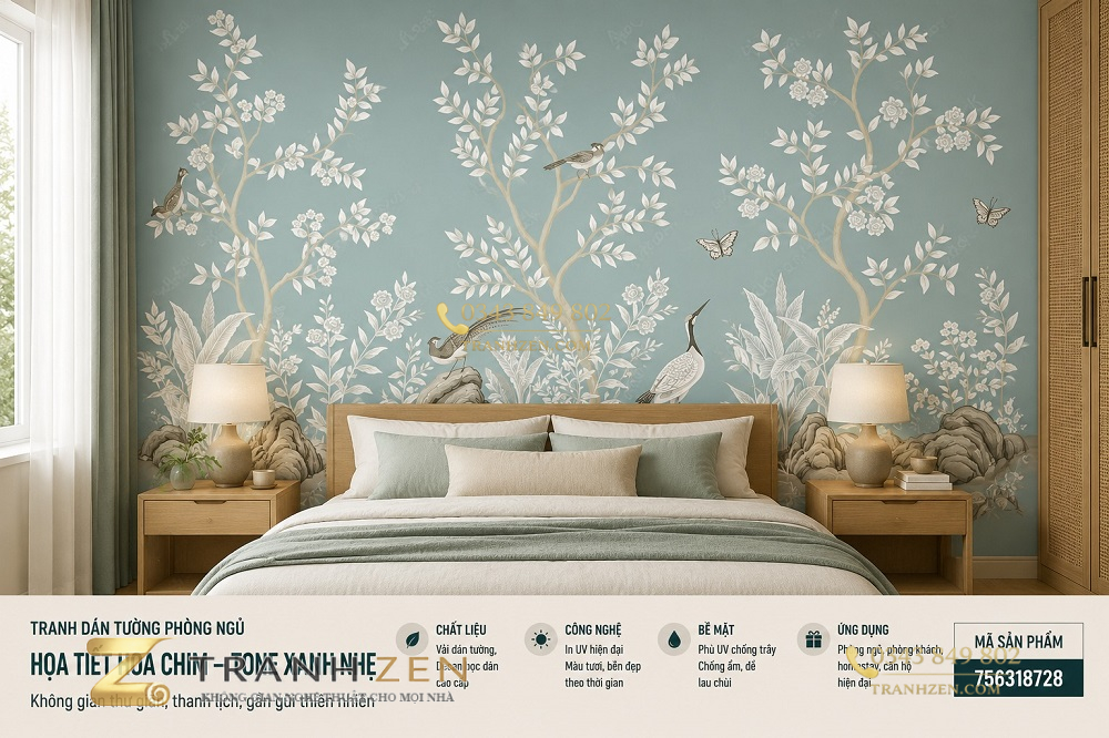 Tranh dán tường phòng ngủ hoa chim tone xanh nhẹ 3d ab756318728