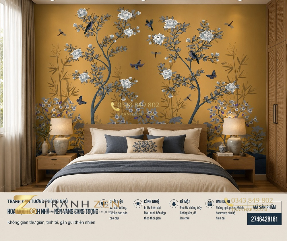 Tranh dán tường phòng ngủ hoa mộc thanh nhã nền vàng sang trọng 3d 2746428161