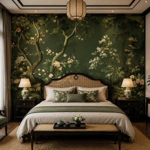 Tranh dán tường phòng ngủ indochine botanical cây hoa cổ điển nền xanh rêu 3d - ab852071828