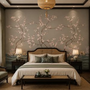 Tranh dán tường phòng ngủ indochine cành hoa đào nền xám be thanh lịch 3d - ab1562691773