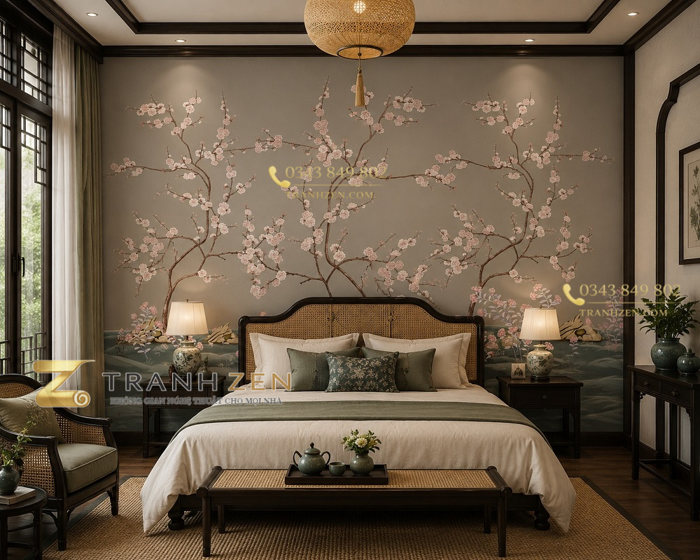 Tranh dán tường phòng ngủ indochine cành hoa đào nền xám be thanh lịch 3d - ab1562691773