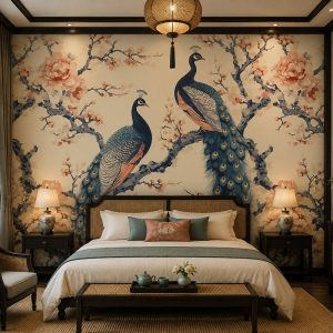 Tranh dán tường phòng ngủ indochine đôi chim công hoa mẫu đơn nền kem 3d - ab717116625