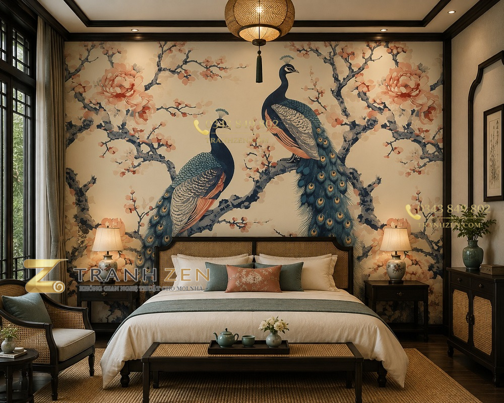 Tranh dán tường phòng ngủ indochine đôi chim công hoa mẫu đơn nền kem 3d - ab717116625