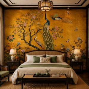 Tranh dán tường phòng ngủ indochine đôi chim công hoa mẫu đơn nền vàng dát vàng 3d - in19820262