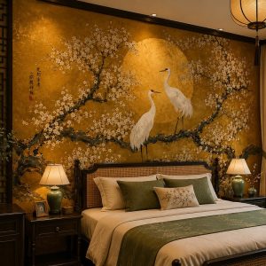 Tranh dán tường phòng ngủ indochine đôi chim hạc hoa mai nền vàng dát vàng 3d - in19820269