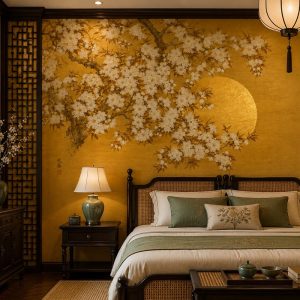 Tranh dán tường phòng ngủ indochine hoa mai trắng nền vàng ánh kim sang trọng 3d - in19820268
