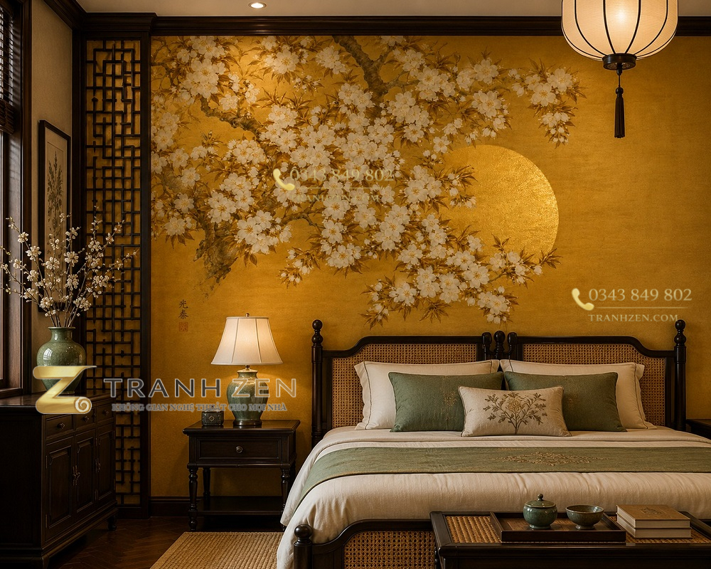 Tranh dán tường phòng ngủ indochine hoa mai trắng nền vàng ánh kim sang trọng 3d - in19820268
