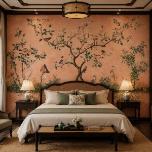 Tranh dán tường phòng ngủ indochine hoa mẫu đơn chim cảnh nền hồng đào 3d - ab1007293471