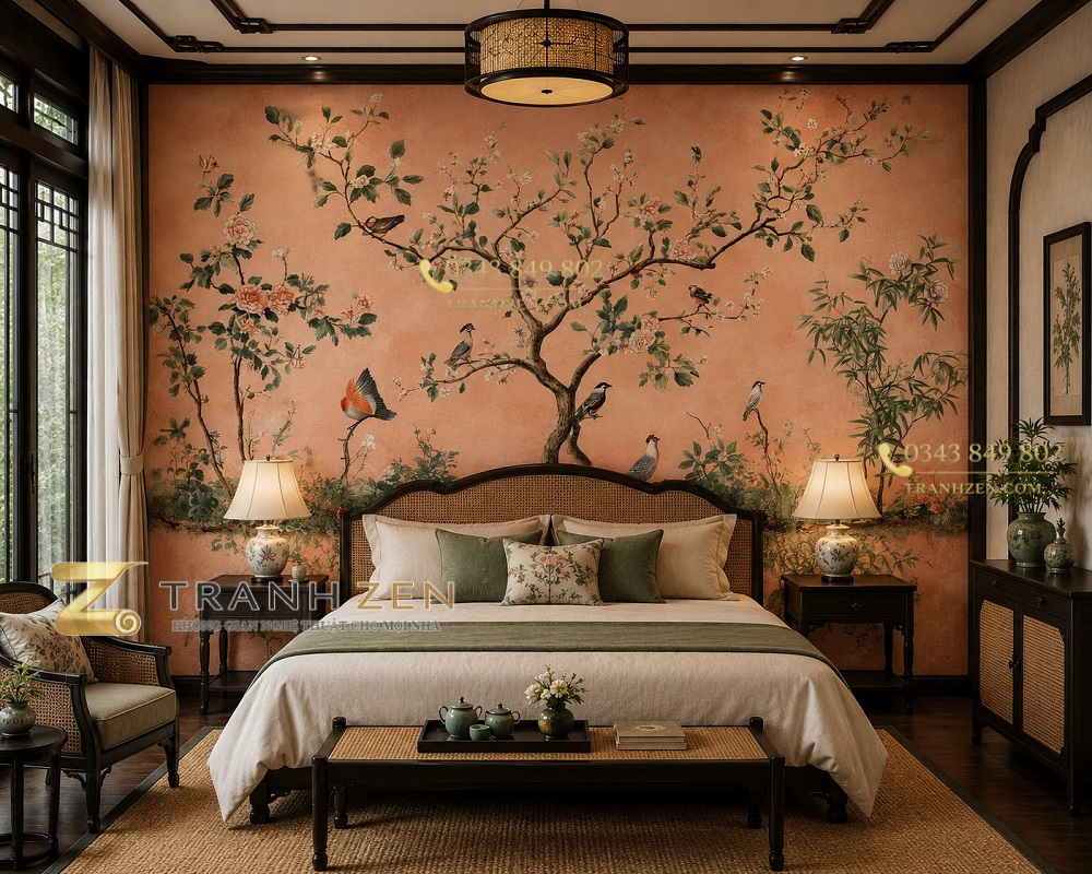 Tranh dán tường phòng ngủ indochine hoa mẫu đơn chim cảnh nền hồng đào 3d - ab1007293471
