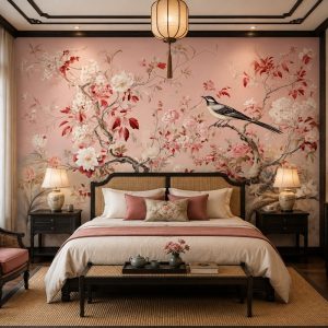 Tranh dán tường phòng ngủ indochine hoa mẫu đơn chim cảnh nền hồng pastel thanh lịch 3d - ab641347326