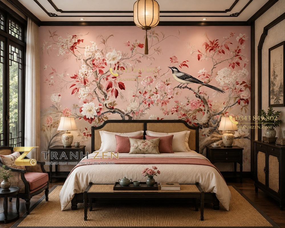 Tranh dán tường phòng ngủ indochine hoa mẫu đơn chim cảnh nền hồng pastel thanh lịch 3d - ab641347326