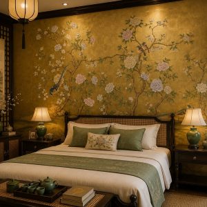 Tranh dán tường phòng ngủ indochine hoa mẫu đơn chim cảnh nền vàng dát vàng 3d - in198202613