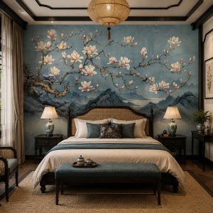 Tranh dán tường phòng ngủ indochine hoa mộc lan sơn thủy thanh nhã 3d - ab846627127