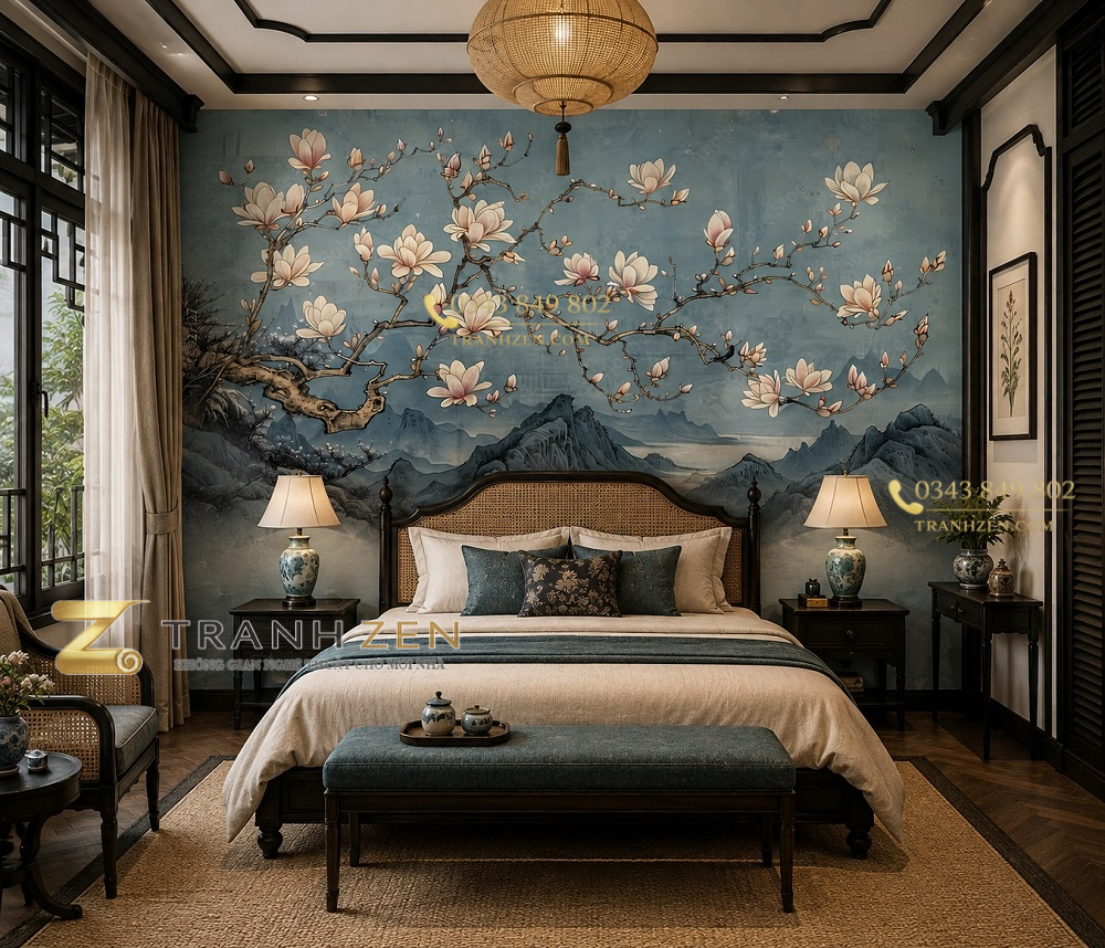 Tranh dán tường phòng ngủ indochine hoa mộc lan sơn thủy thanh nhã 3d - ab846627127