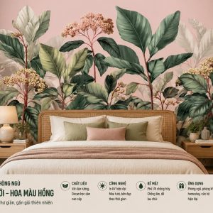 Tranh dán tường phòng ngủ lá cây nhiệt đới hoa màu hồng 3d 1867343438