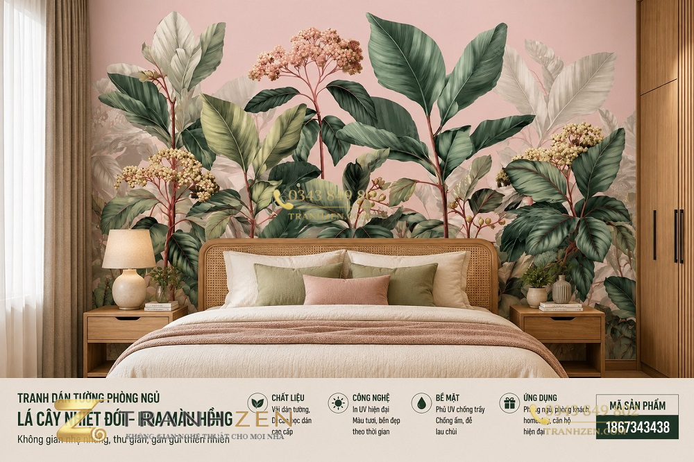 Tranh dán tường phòng ngủ lá cây nhiệt đới hoa màu hồng 3d 1867343438