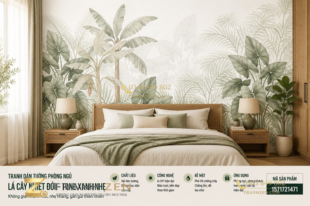 Tranh dán tường phòng ngủ lá cây nhiệt đới tone xanh nhẹ 3d 1571721471