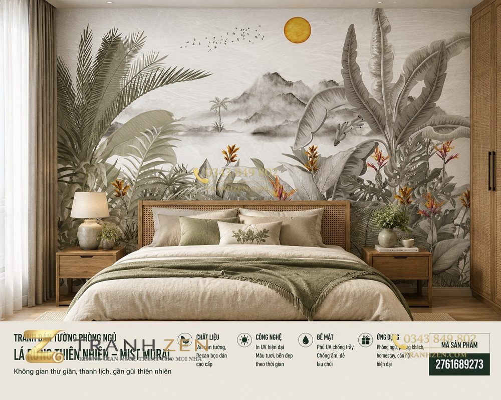Tranh dán tường phòng ngủ lá rừng thiên nhiên mist mural 3d 2761689273