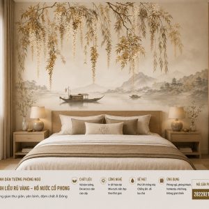 Tranh dán tường phòng ngủ phong cách japandi cành liễu rủ vàng 3d 2822921597