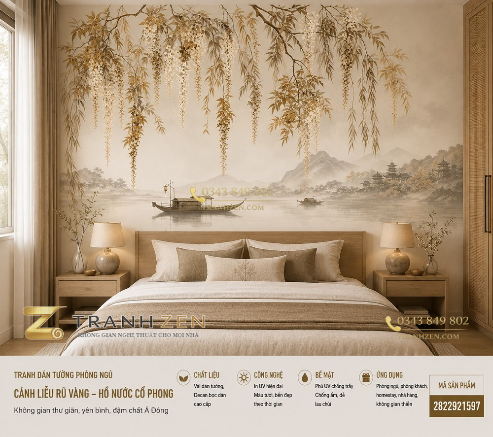 Tranh dán tường phòng ngủ phong cách japandi cành liễu rủ vàng 3d 2822921597
