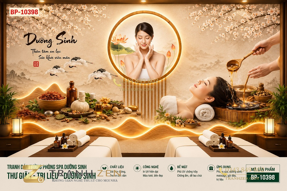Tranh dán tường phòng spa dưỡng sinh hoa sen massage gội đầu 3d bp-10398