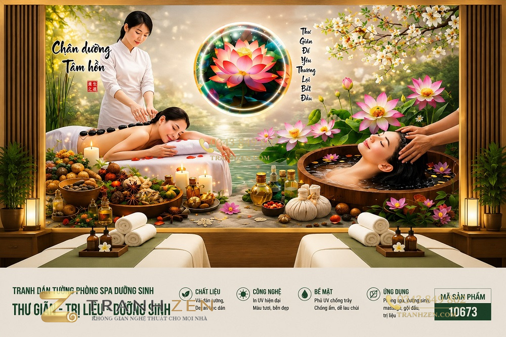 Tranh dán tường phòng spa dưỡng sinh hoa sen massage ngâm thảo dược 3d 10673