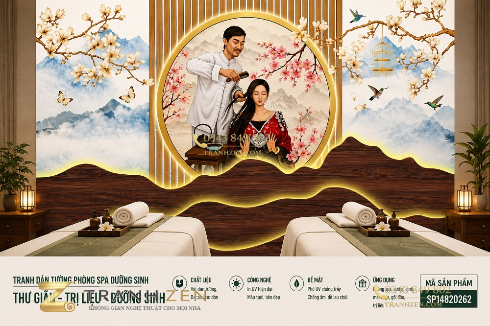 Tranh dán tường phòng spa dưỡng sinh trị liệu hoa mai 3d - sp14820262