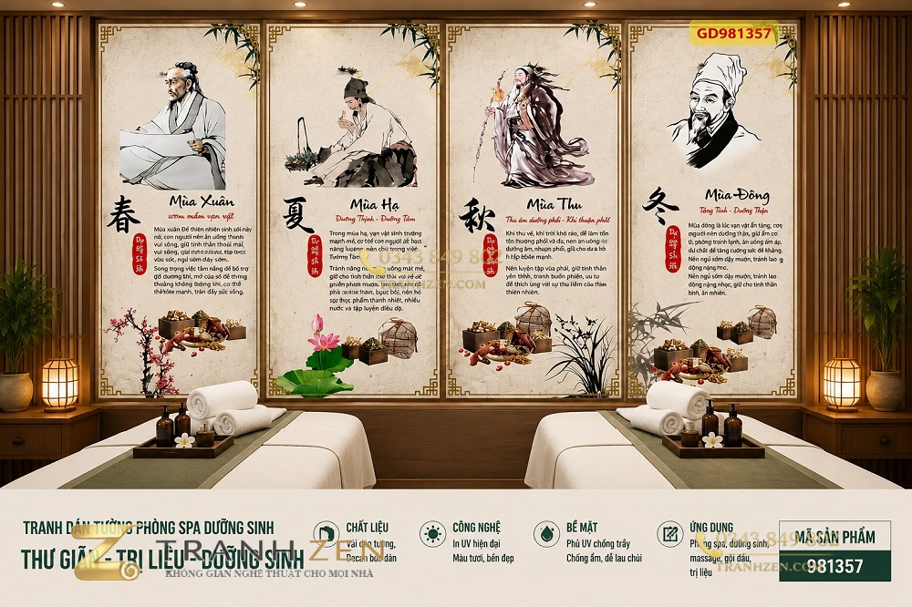 Tranh dán tường phòng spa dưỡng sinh tứ quý xuân hạ thu đông 3d 981357