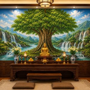 Tranh dán tường phòng thờ cây bồ đề cổ thụ sơn thủy hữu tình phong thủy 3d - bd10820261