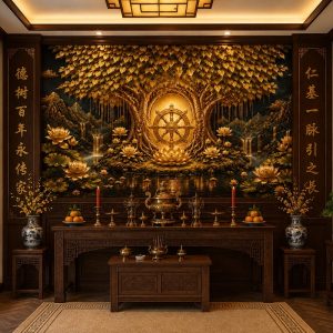 Tranh dán tường phòng thờ cây bồ đề dát vàng hoa sen bánh xe pháp luân 3d - bd18820262