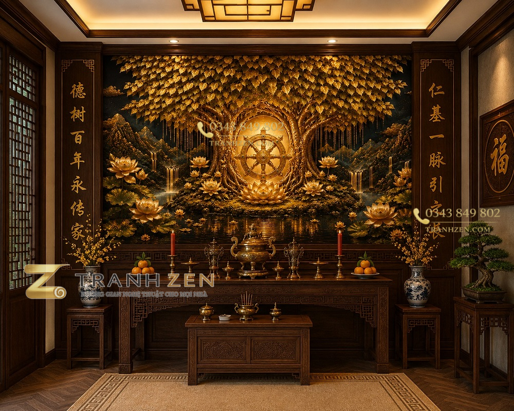 Tranh dán tường phòng thờ cây bồ đề dát vàng hoa sen bánh xe pháp luân 3d - bd18820262