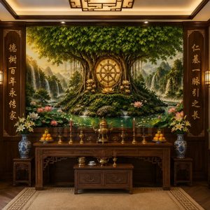 Tranh dán tường phòng thờ cây bồ đề hoa sen sơn thủy phong thủy 3d - bd18820261