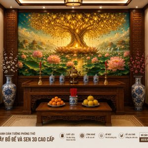Tranh dán tường phòng thờ cây bồ Đề và sen 3d cao cấp bd2026963