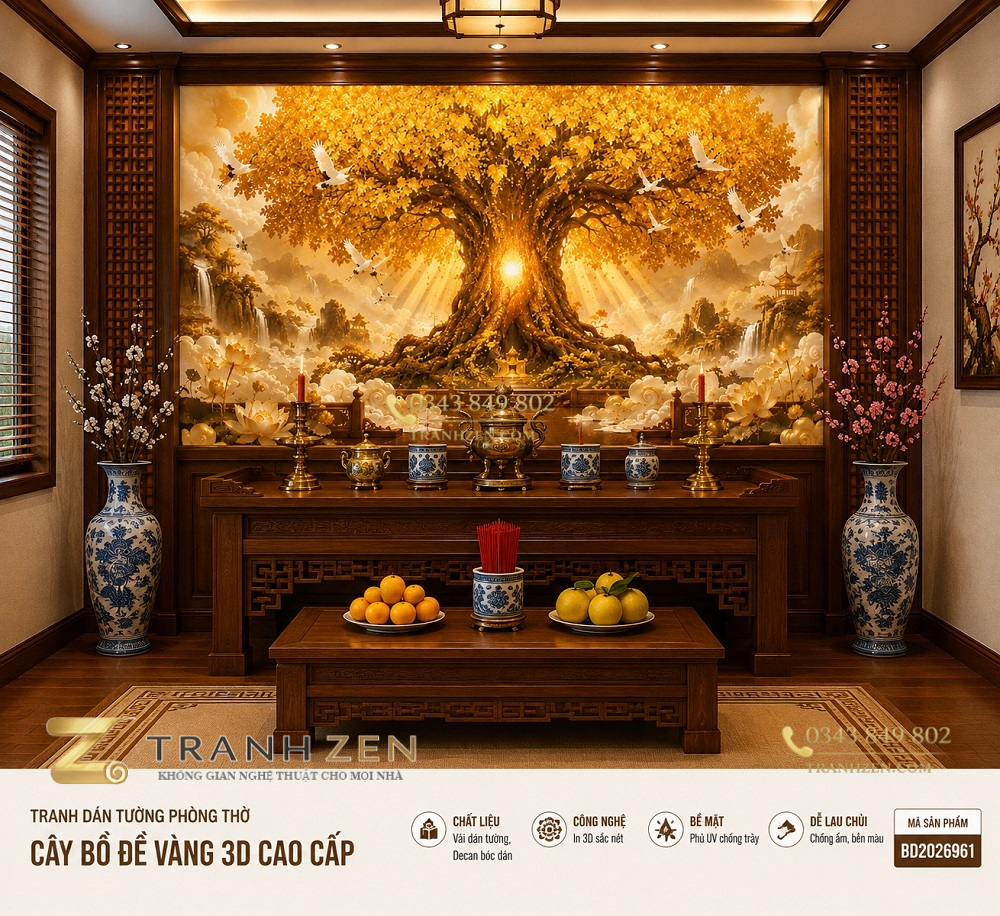 Tranh dán tường phòng thờ cây bồ Đề vàng 3d cao cấp bd2026961