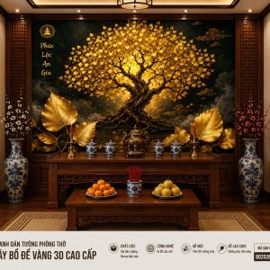 Tranh dán tường phòng thờ cây bồ Đề vàng 3d phúc lộc an gia bd20261381