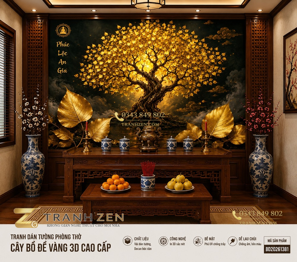 Tranh dán tường phòng thờ cây bồ Đề vàng 3d phúc lộc an gia bd20261381