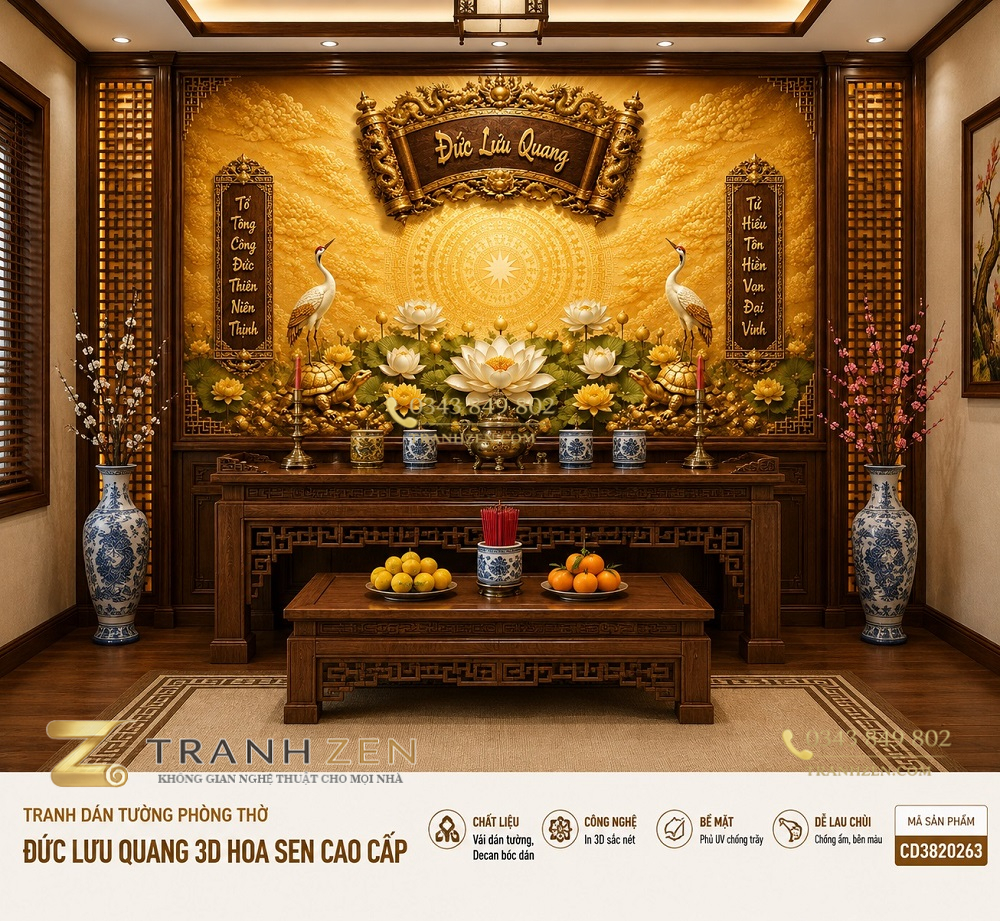 Tranh dán tường phòng thờ Đức lưu quang 3d hoa sen cao cấp cd3820263