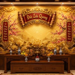 Tranh dán tường phòng thờ đức lưu quang hoa sen núi non phúc đức 3d 5d 8d pt27820261