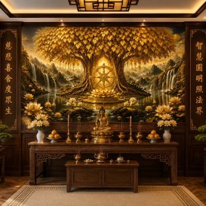 Tranh dán tường phòng thờ phật cây bồ đề dát vàng hoa sen sơn thủy 3d - bd18820263
