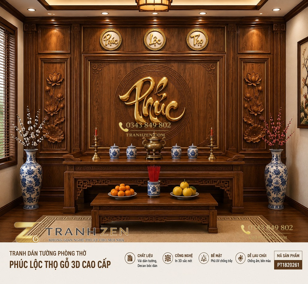 Tranh dán tường phòng thờ phúc lộc thọ gỗ 3d cao cấp pt1820261