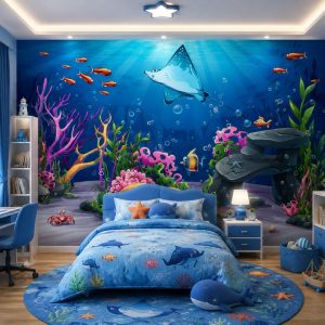 Tranh dán tường phòng trẻ em đại dương cá đuối 3d st536293339