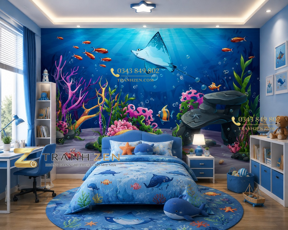 Tranh dán tường phòng trẻ em đại dương cá đuối 3d st536293339