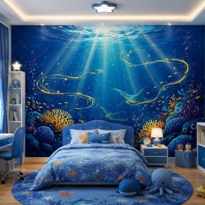 Tranh dán tường phòng trẻ em đại dương cá đuối san hô 3d st2749271759