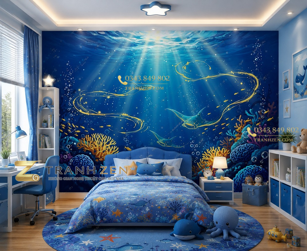 Tranh dán tường phòng trẻ em đại dương cá đuối san hô 3d st2749271759